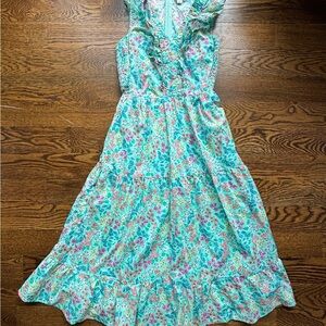 J. Crew Floral Ruffle Midi Dress Green Size 00 Sleeveless